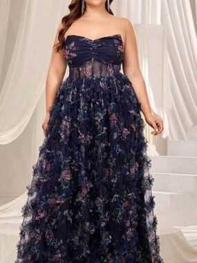 navy floral corset prom gown strapless tulle formal dress plus size 3xl nwt